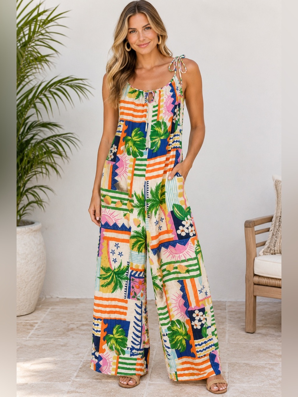ILLA ILLA Tropical Print One-Piece Romper - Green, Orange, Navy, Pink Size M